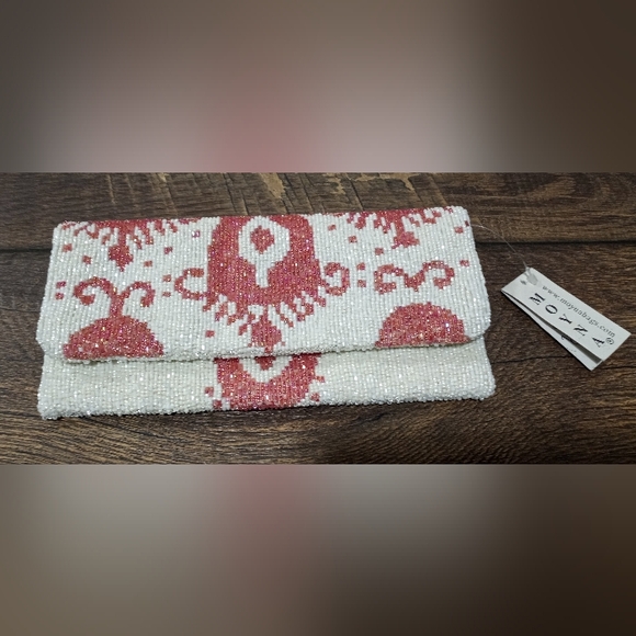 Moyna Handbags - Moyna by Anthropologie NWT Beaded Fold Over Clutch White and Hot Pink